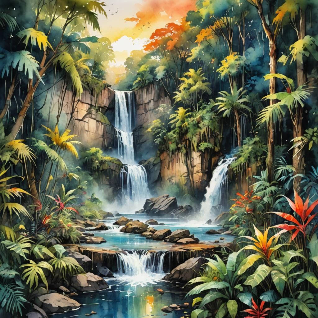 Colorful Watercolor Jungle Waterfall at Sunset