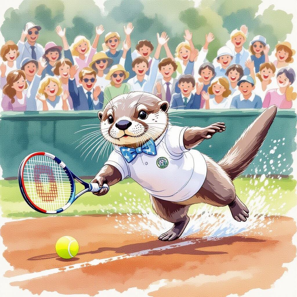 Playful Otter at Wimbledon in Watercolor Style