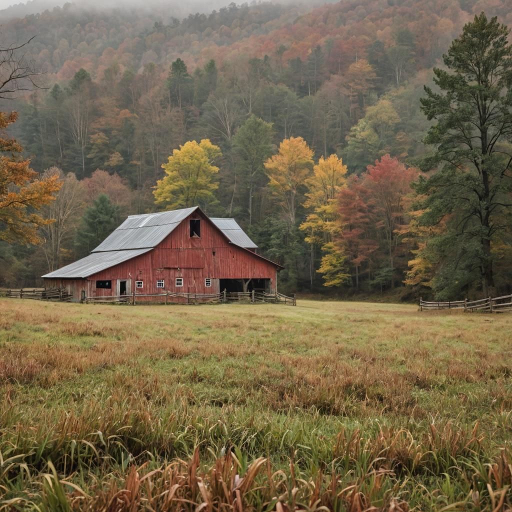 Red Barn in Smoky Mountains at Sunrise