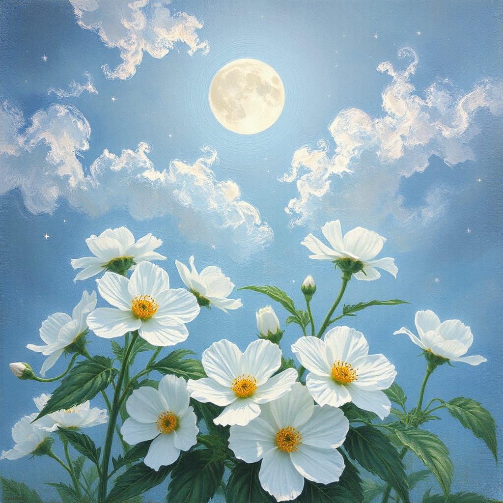 Impressionistic White Flowers Under a Silvery Moon