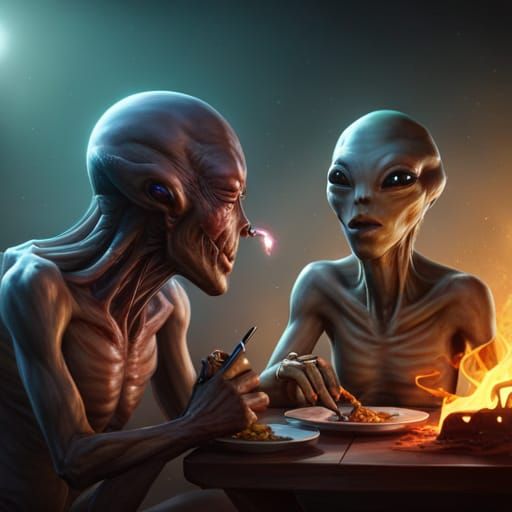 Alien and Human Friends in Detailed Matte Painting