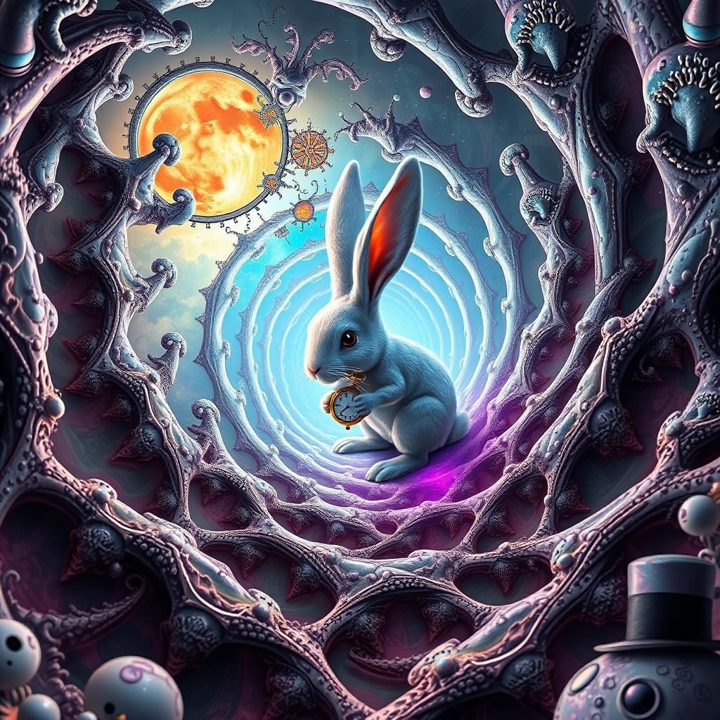 Fractal Rabbit Descends Swirling Vortex in Gothic Style