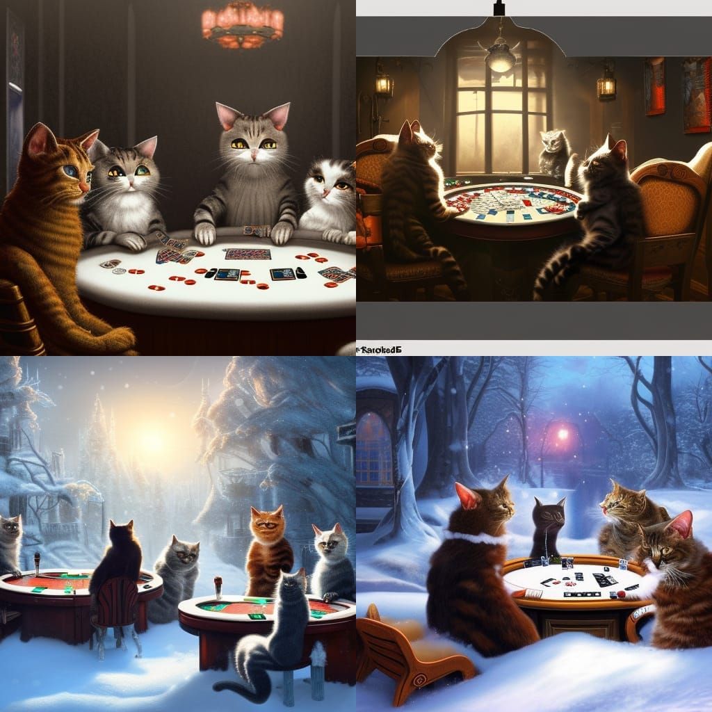 Cats Play Poker in Snow: Detailed Digital Painting