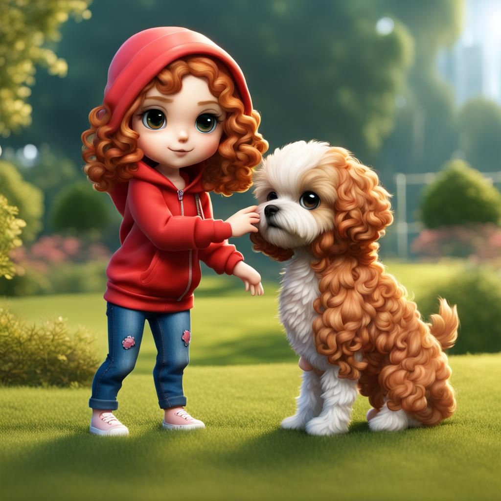 Chibi Girl Playing Fetch in 3D Park Scene