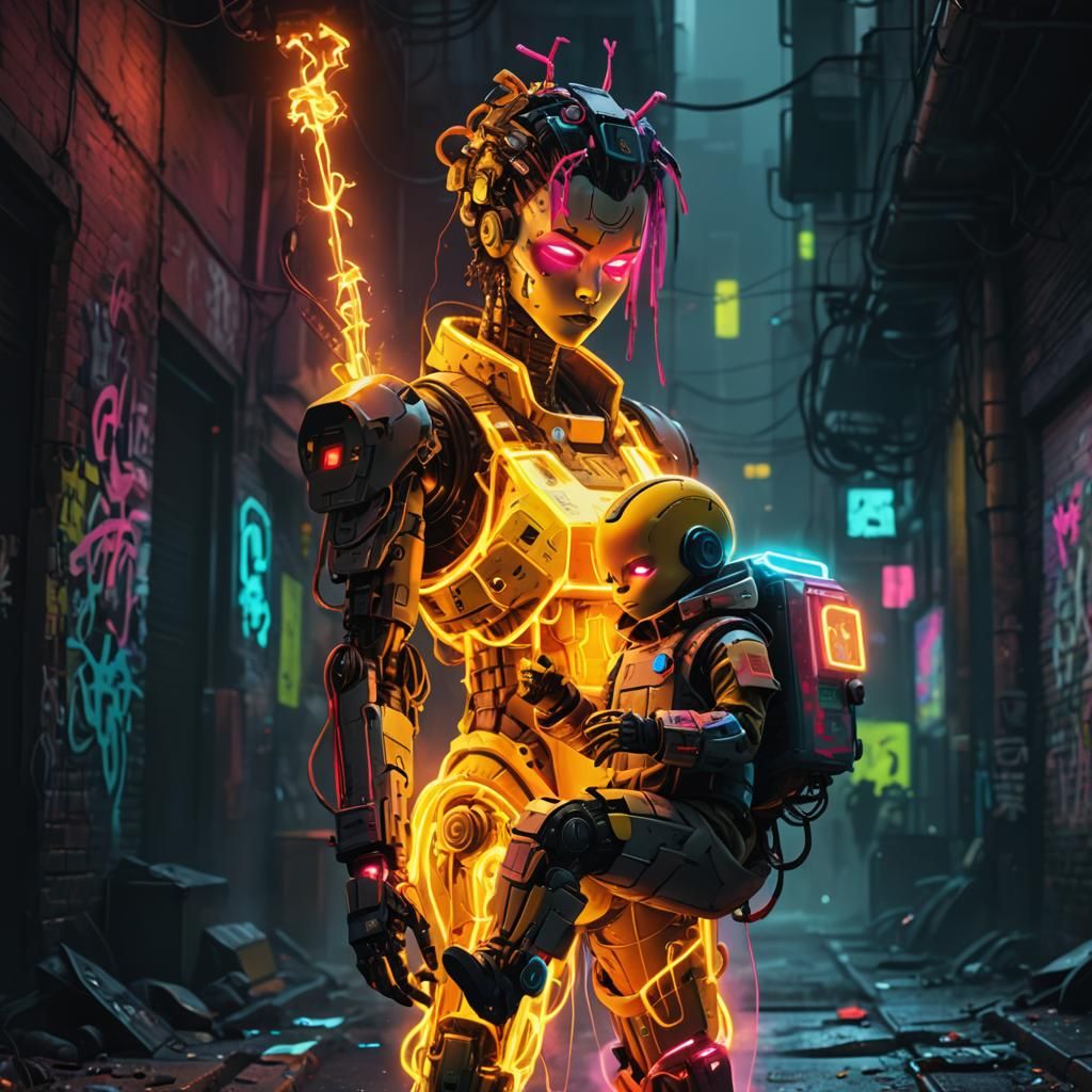Pixelated Robot Baby in Cyberpunk Alleyway