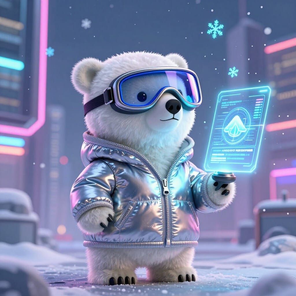 Futuristic Polar Bear Cub in Neon Cityscape