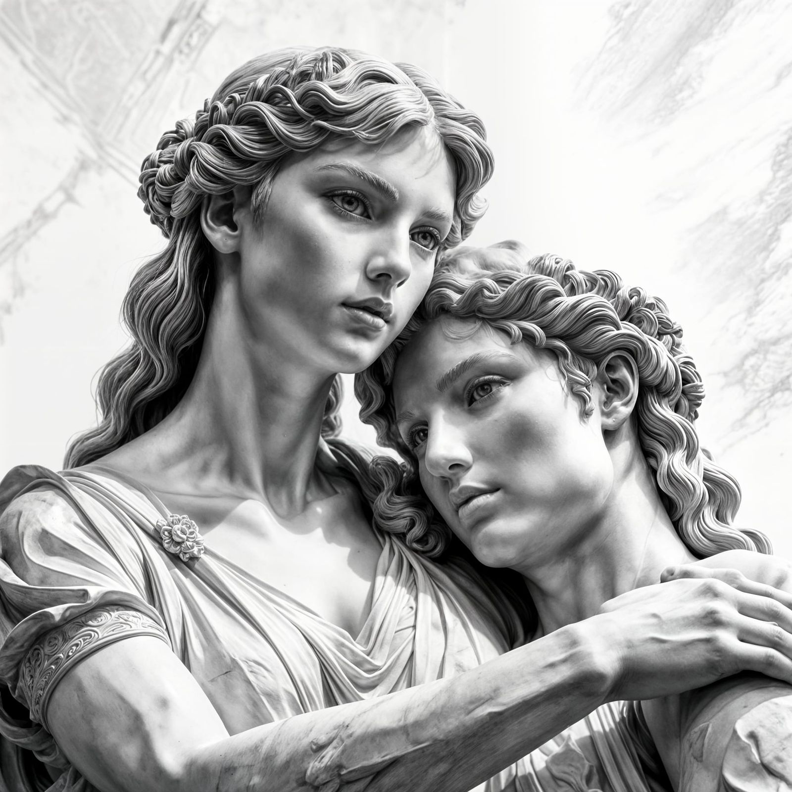 A medium shot low angle sculpture of an all white Taylor Swi...