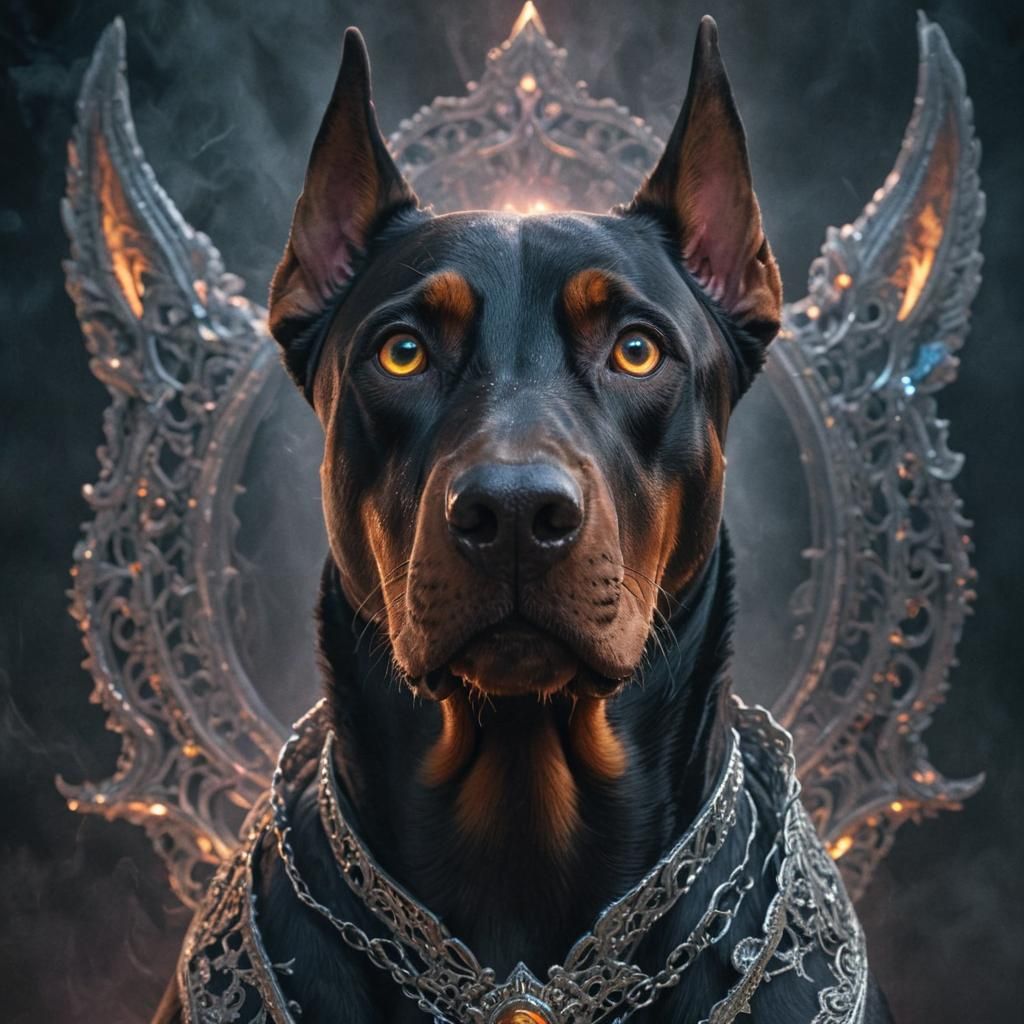 Surreal Metallic Doberman Portrait with Neon Eyes