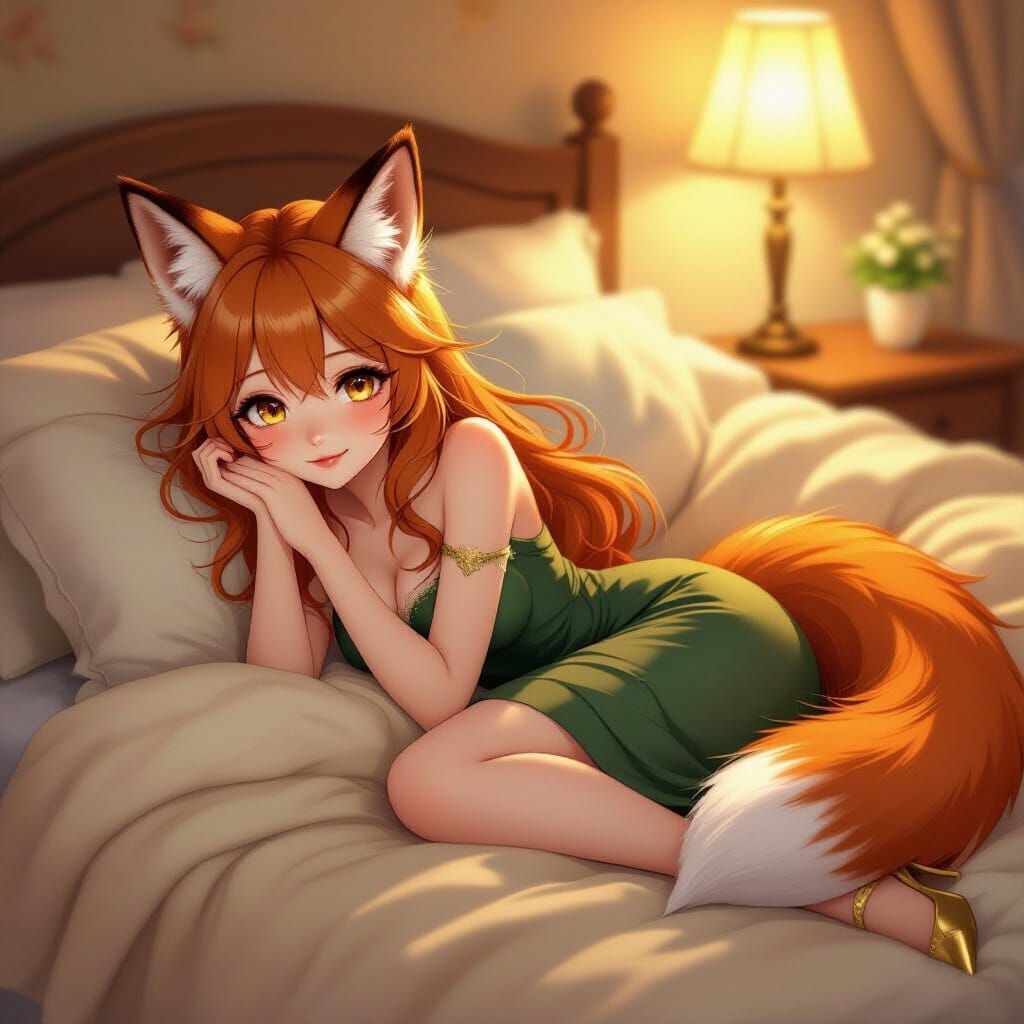 Fox Girl Maida in Elegant Green Dress on Cozy Bed