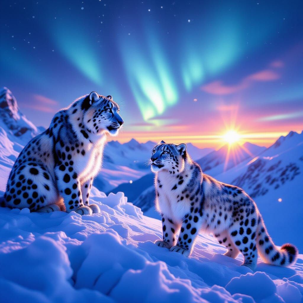 Snow Leopards Meet at Dawn on Icy Plateau
