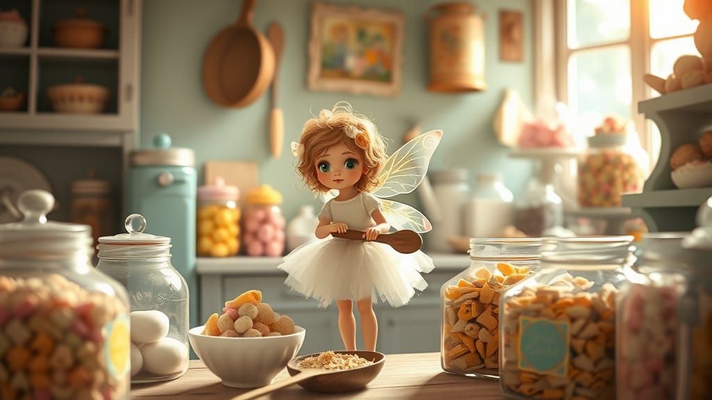Whimsical Fairy Baking Cookies in a Vintage Kitchen