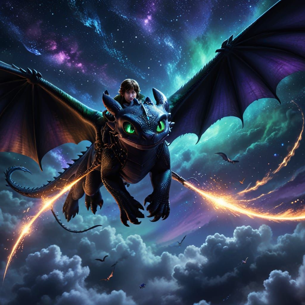 Night Flight: Dragon and Rider in Surreal Style