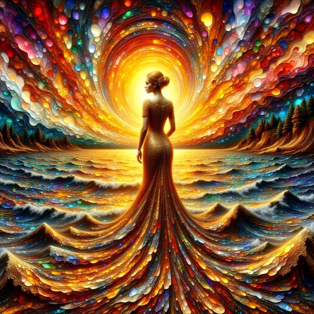 Surreal Klimt-Inspired Goddess in Soft Art Nouveau Landscape