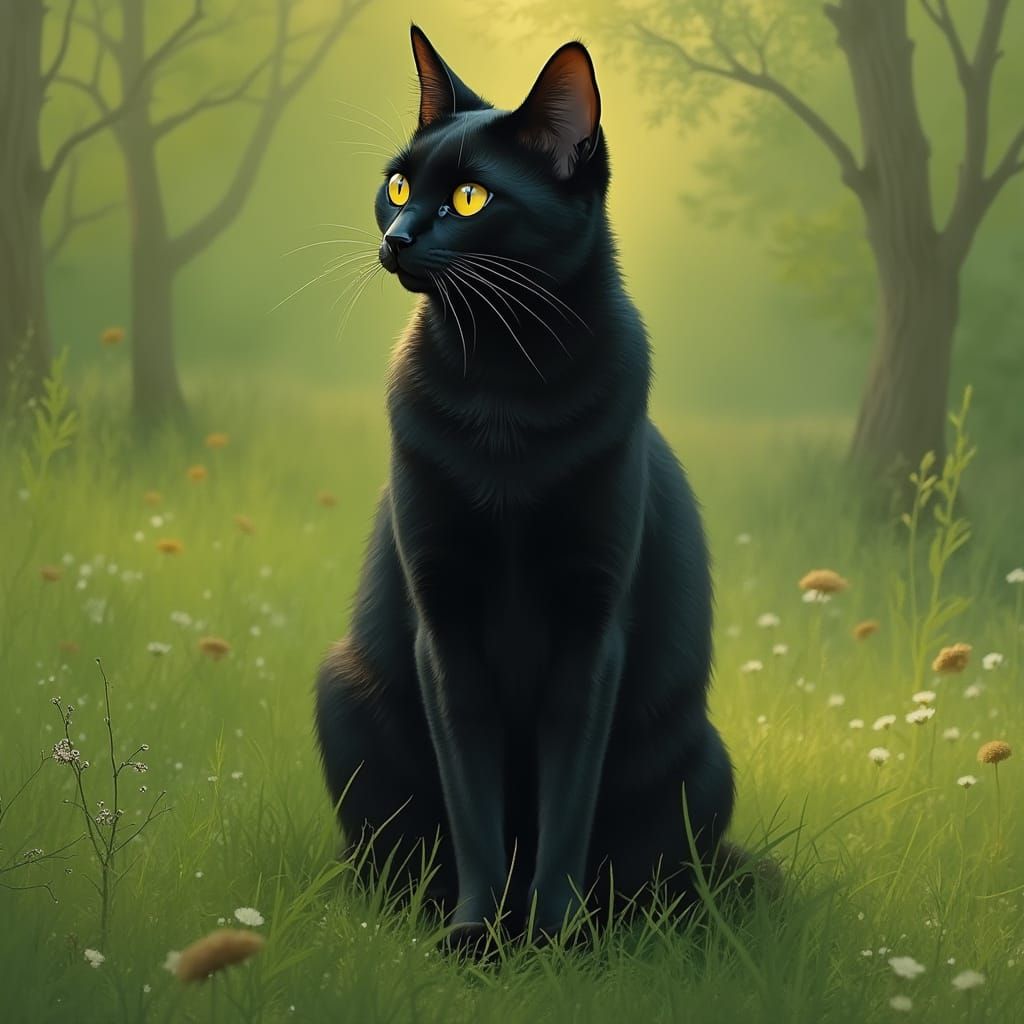 Elegant Black Cat in Serene Nature Scene