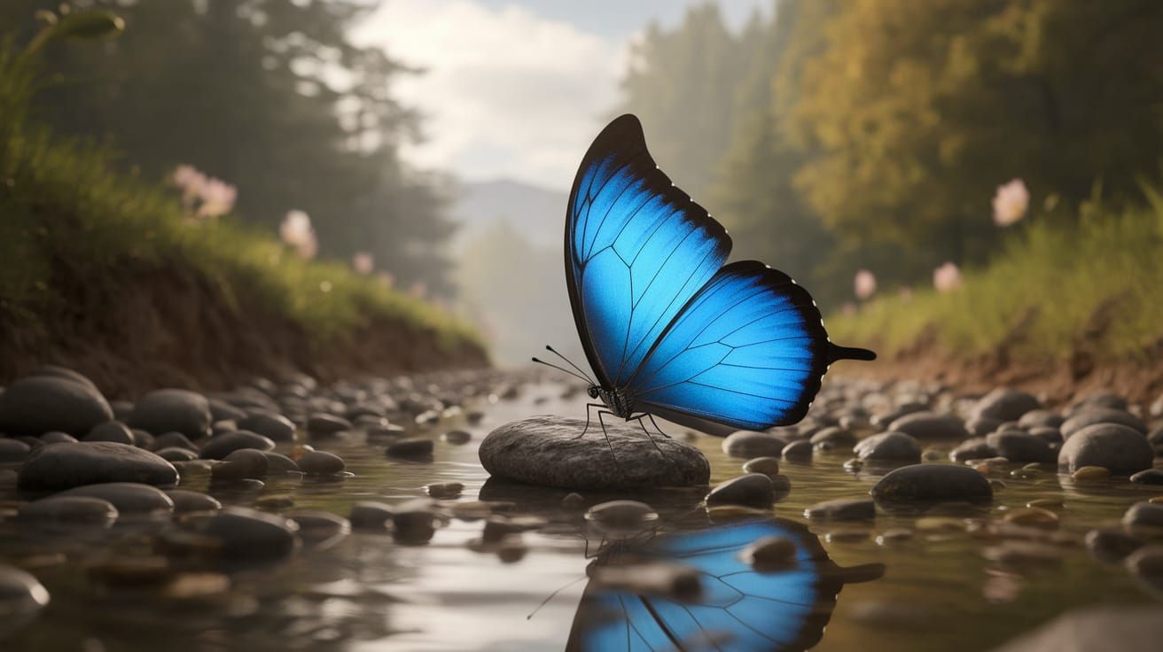 Blue Butterfly Amidst Golden Hour Serenity