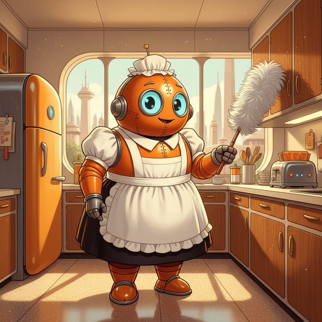 Retro-Futuristic Robot Maid in Mid-Century Kitchen