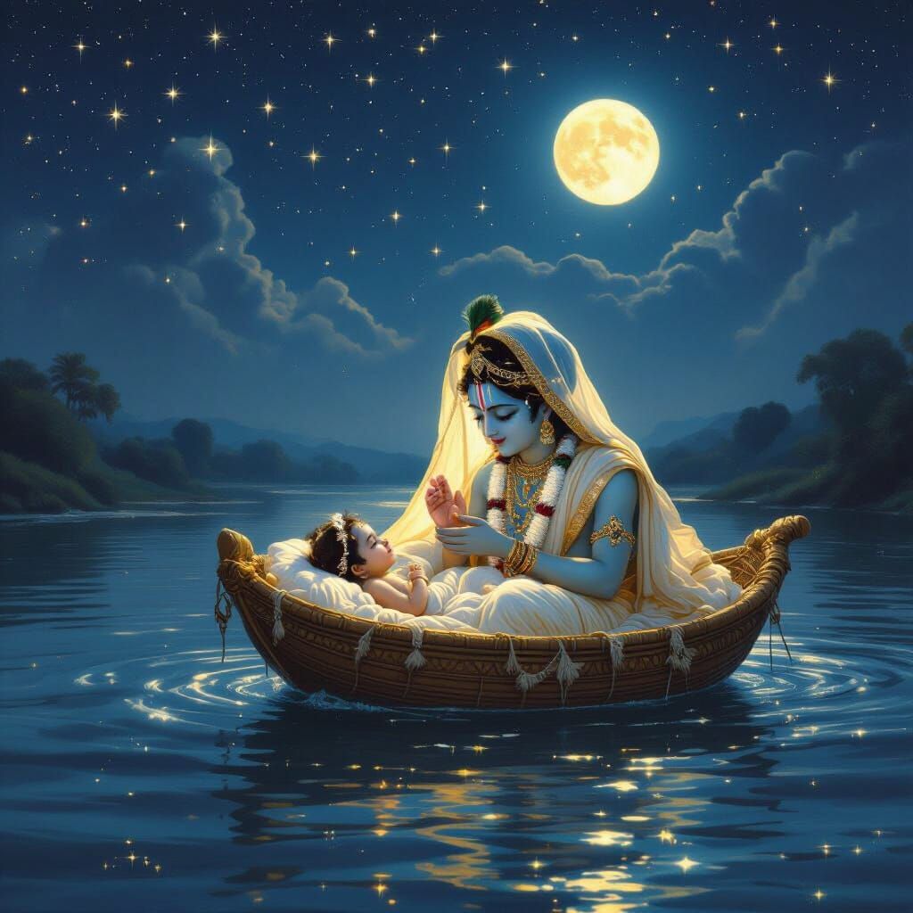 Vasudev and Krishna Crossing Yamuna River at Night