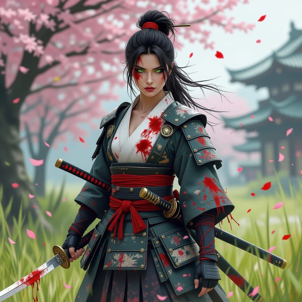 Bloodied Samurai Woman Under Sakura Trees