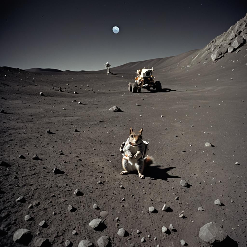 Squirrel Meets Astronaut on the Moon in Hyperrealism