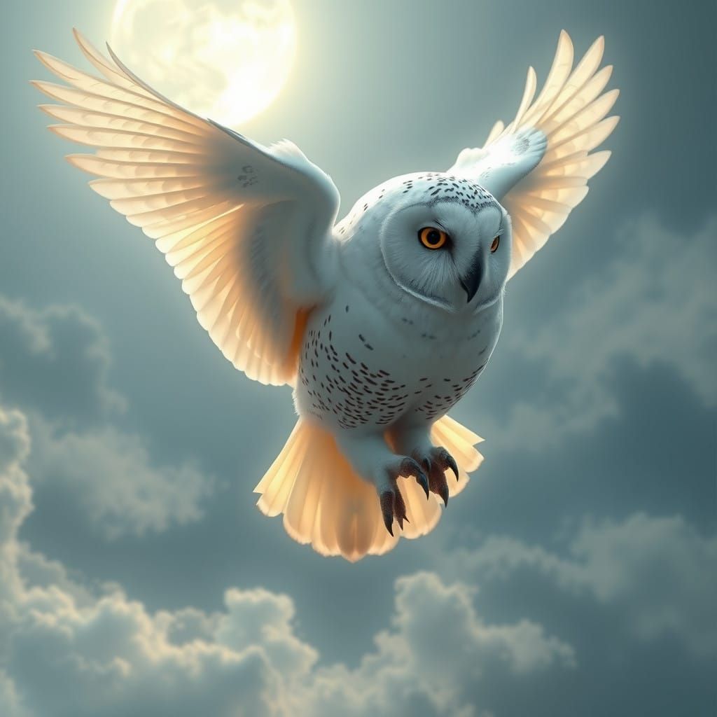Serenely Soaring White Owl in Art Nouveau Style