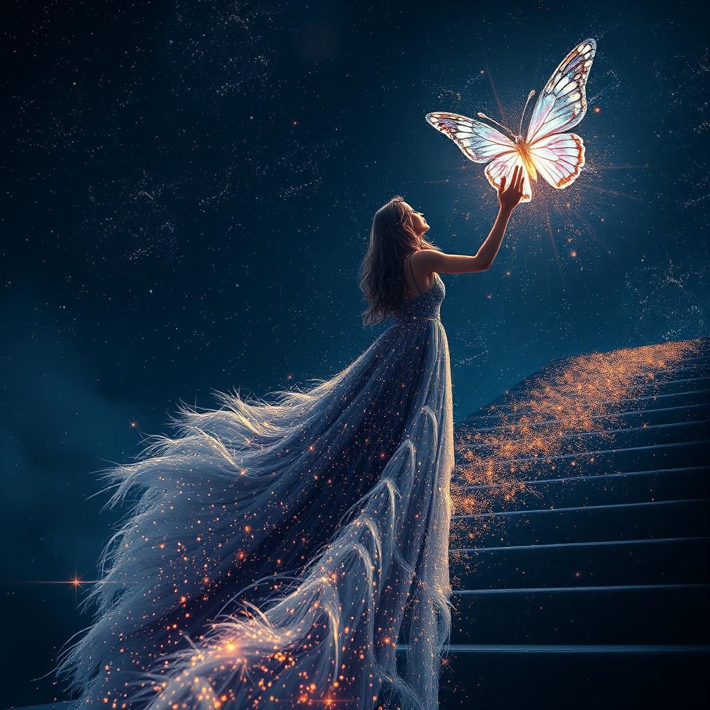 Ethereal Woman Creates Butterfly in Universe Starlight
