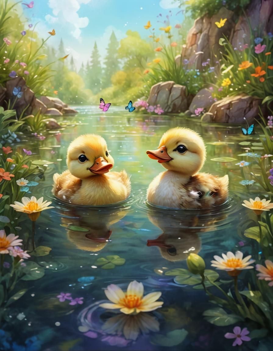 Duckling and Butterfly in Pixar Style Wonderland