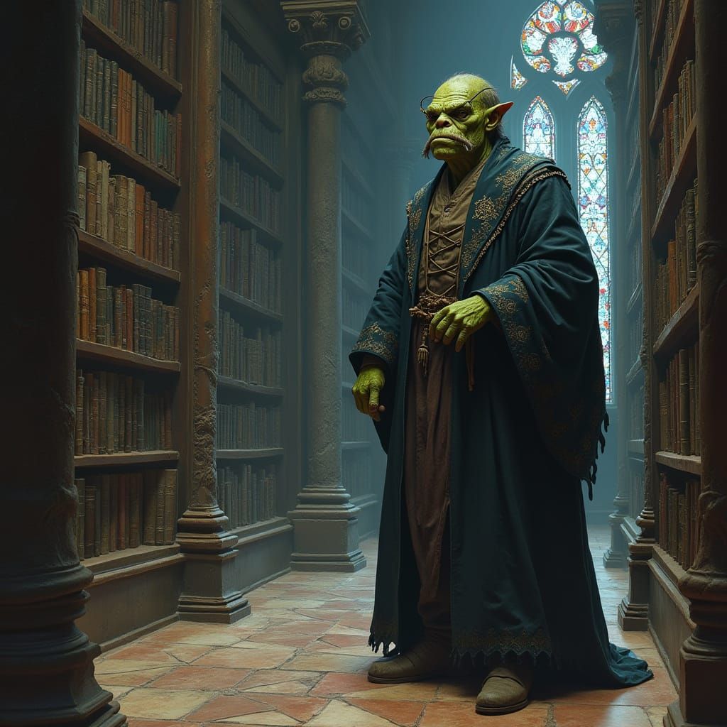 Orc Librarian in Gothic Library, Digital Painting