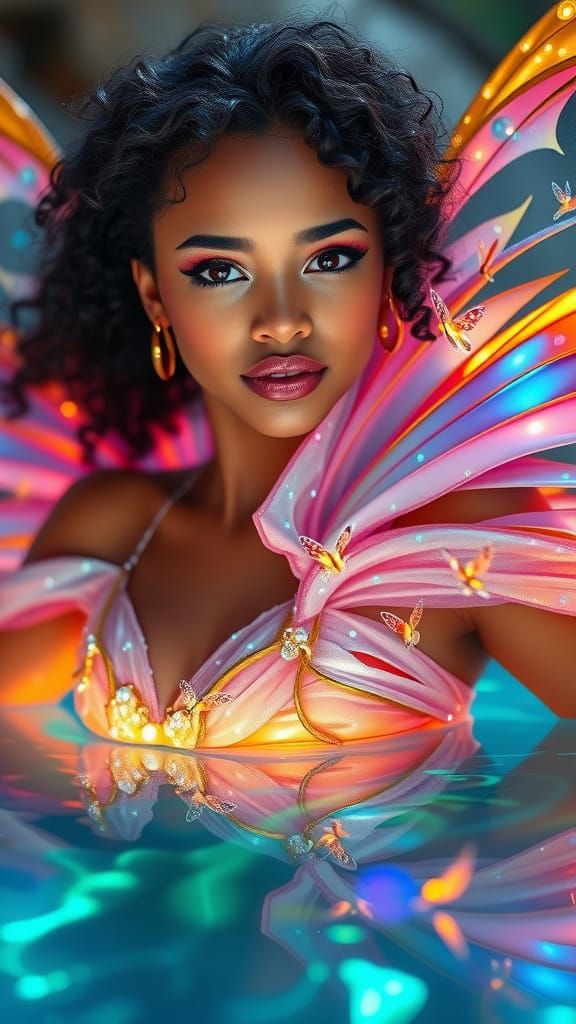 Sleek Puerto Rican Fairy Woman in Iridescent, Neon-Lit Futur...