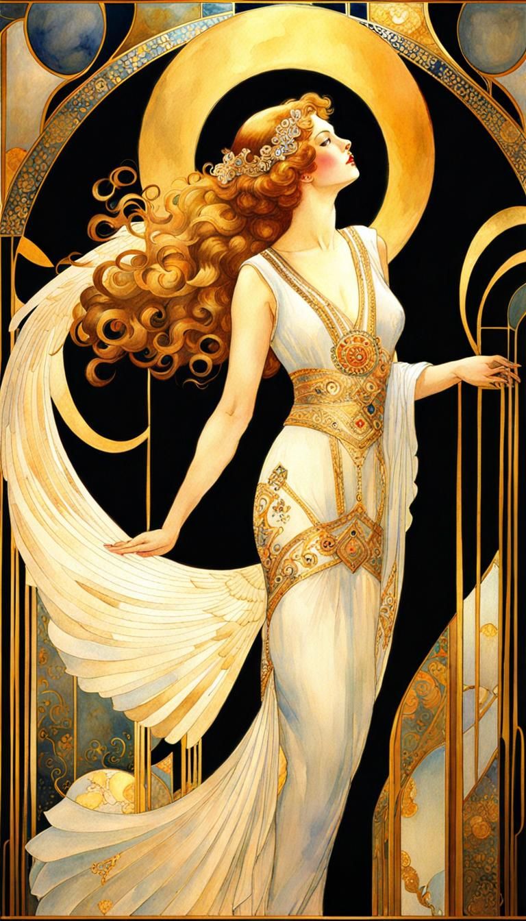 Art Deco Angel and Dove in Watercolor