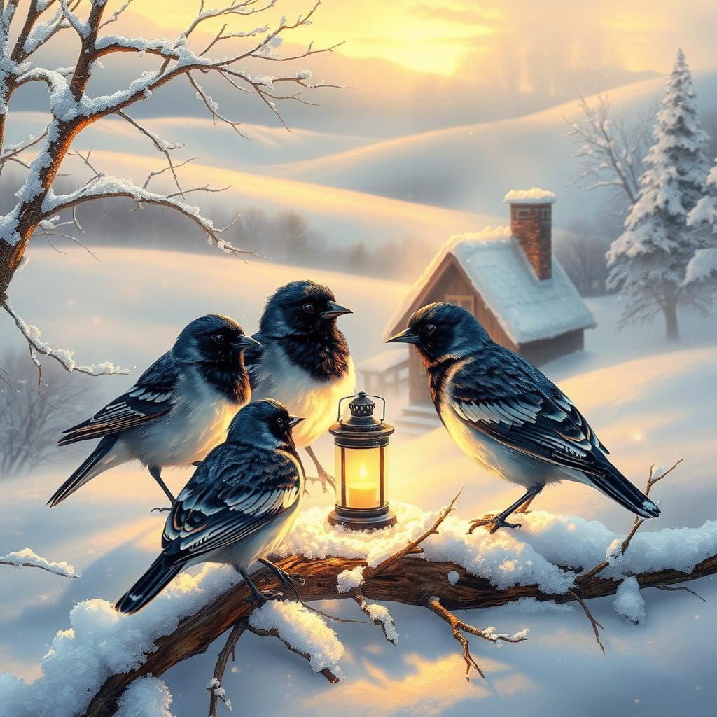 Snowy Magpies Gather Around Cozy Winter Cottage