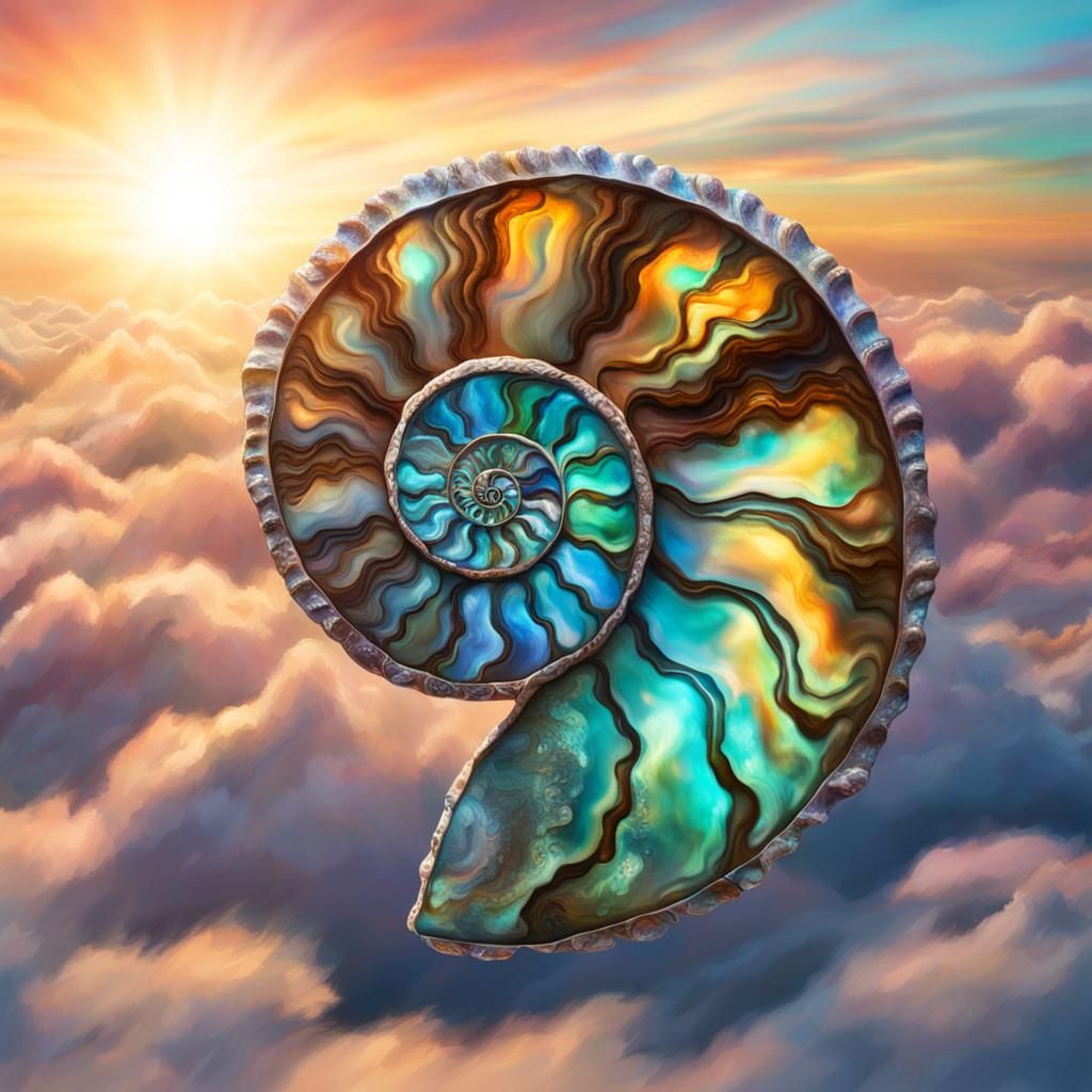 Iridescent Abalone Ammonite Shell on Dawn Clouds