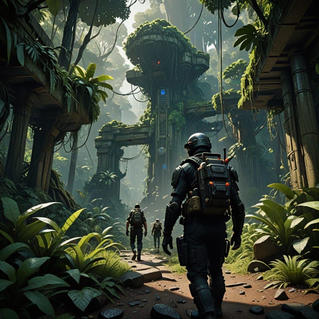 Men in Black Trek Through a Vibrant Jungle