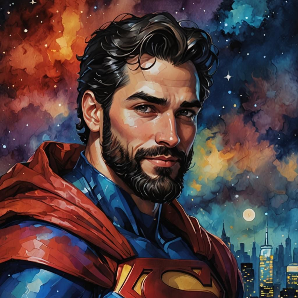 Smiling Superman Portrait in Impressionist Gouache Style