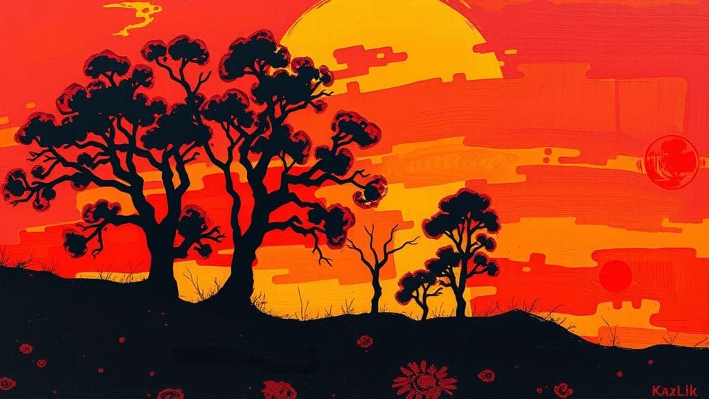 Fiery Landscape with Impasto Sunset in Abstract Style