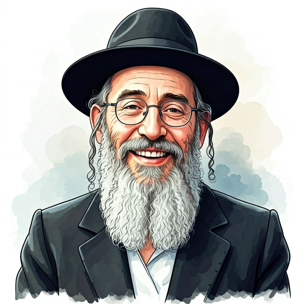 Watercolor and ink, Haredi Hasidic Jew, handsome, mature, wide and happy smile