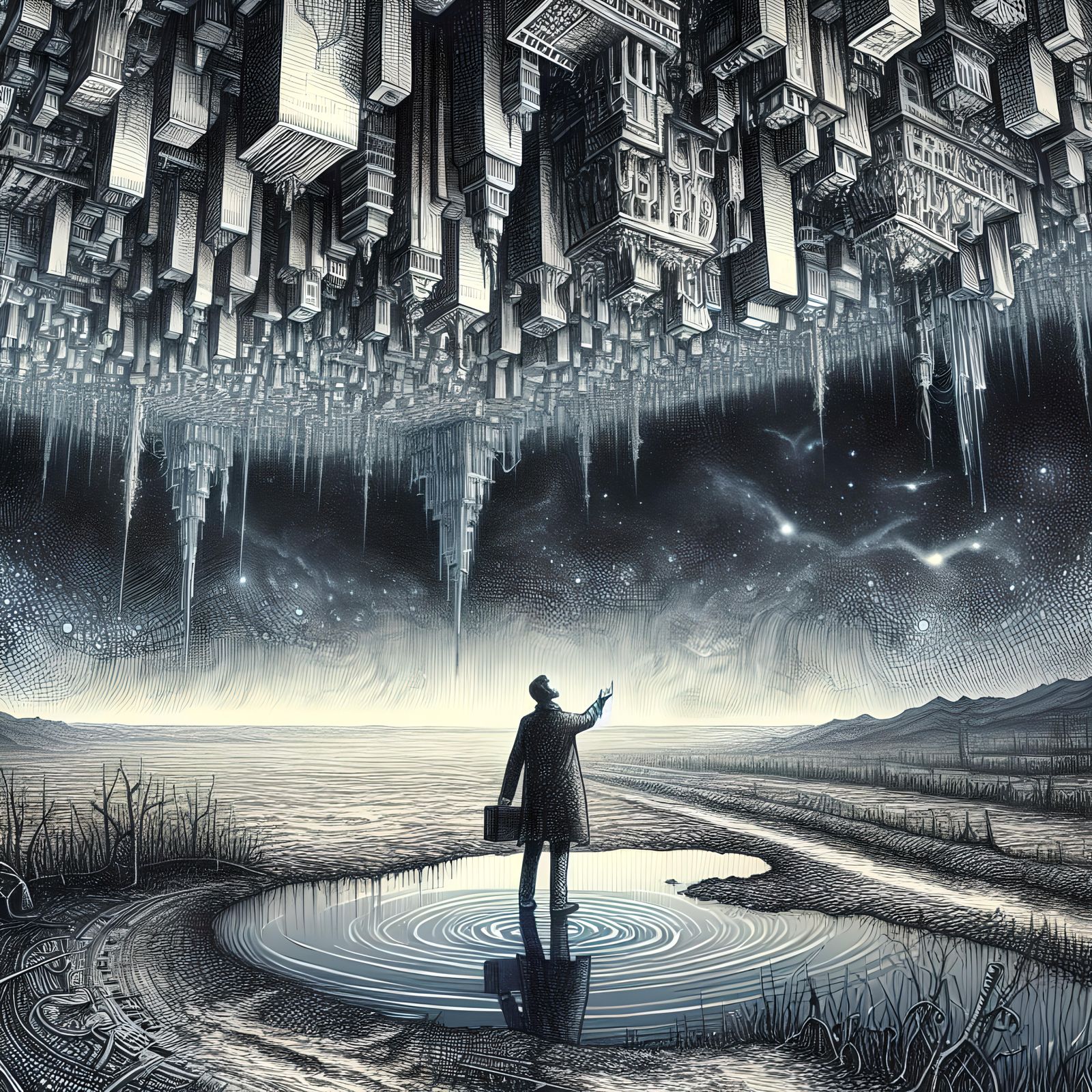 Surreal Man Reaching for Upside-Down Cityscape
