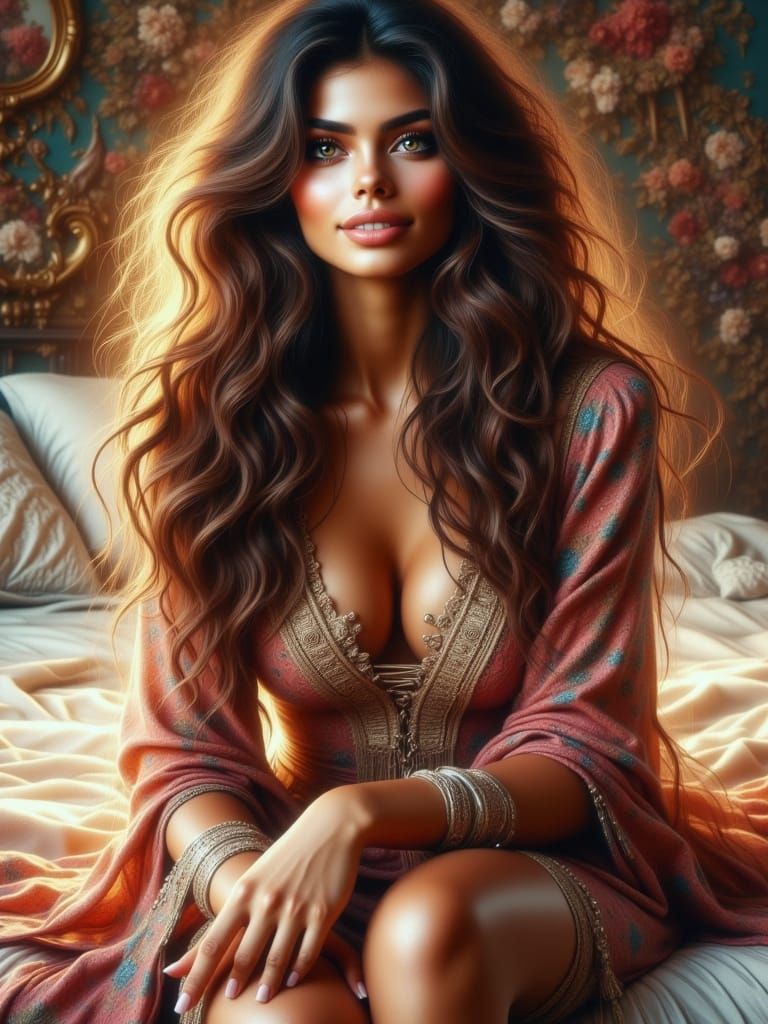 Brunette Woman on Bed in Hyperrealistic Style