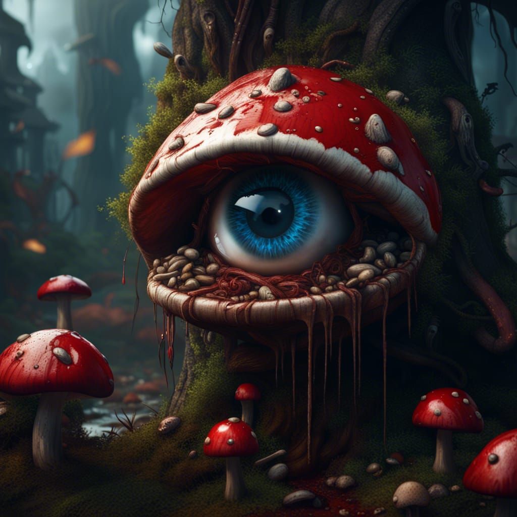 Surreal Eye Crying Blood in Mushroom Landscape
