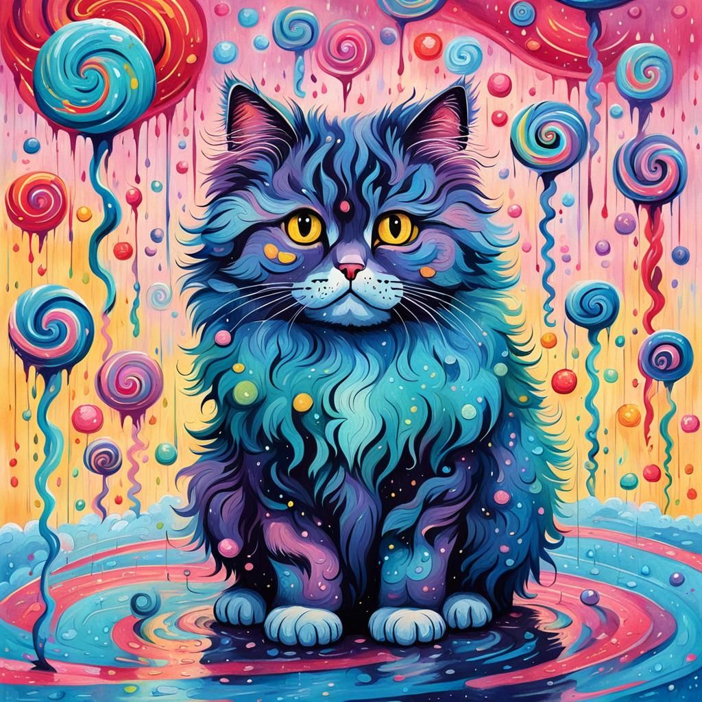 Sad Cat in Rainy Candyland: Gouache Swirls