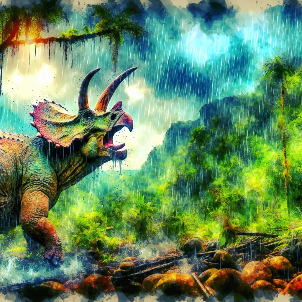 Triceratops in Rainy Jungle: Tachisme Watercolor