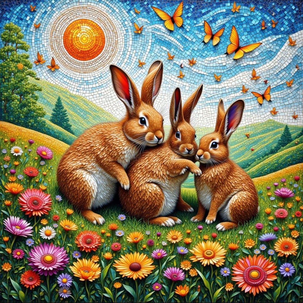 Mosaic Field with Rabbits in Vibrant Colors