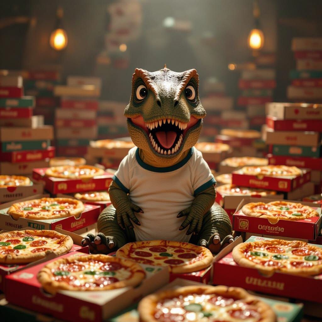 Shocked Cartoon T-Rex with Pizza Boxes, 3D Rendered