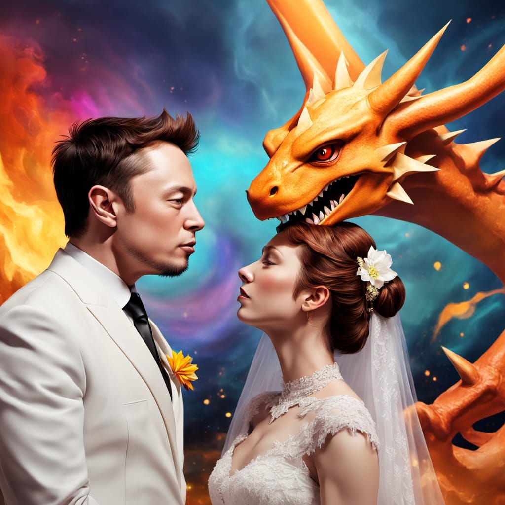 Elon Musk and Charizard Wedding: Surreal Digital Art