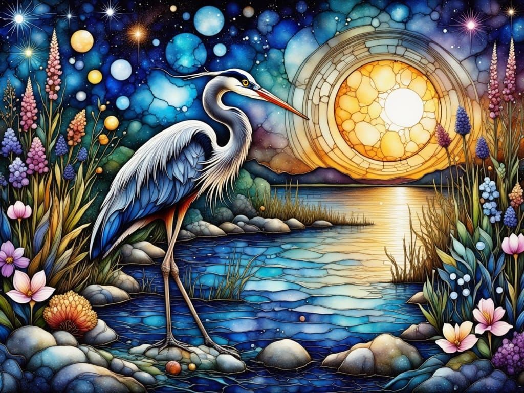 Whimsical Stained Glass Wetland Scene