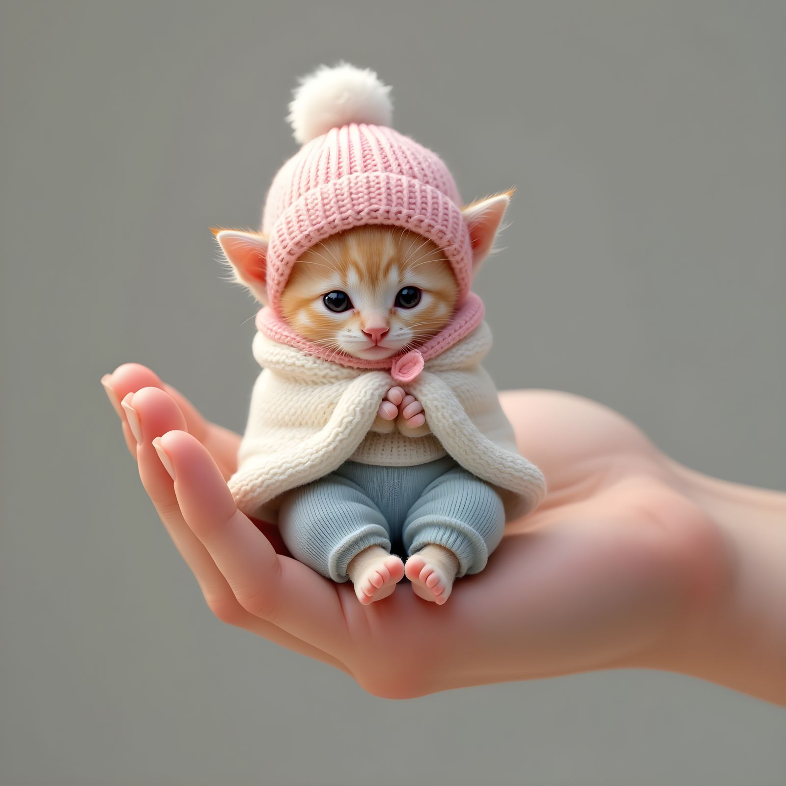 Hyperrealistic Miniature Cucumber Kitten in Hand