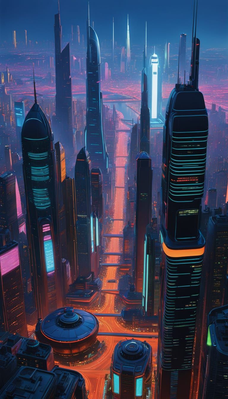 Futuristic Cityscape with Neon Glow and Flying Vehicles