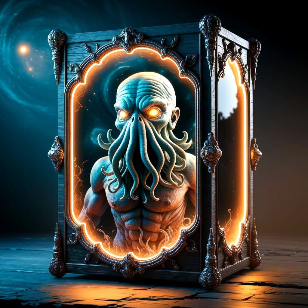 Ancient Tentacled Deity Figure in Dark Wood Veneer Box