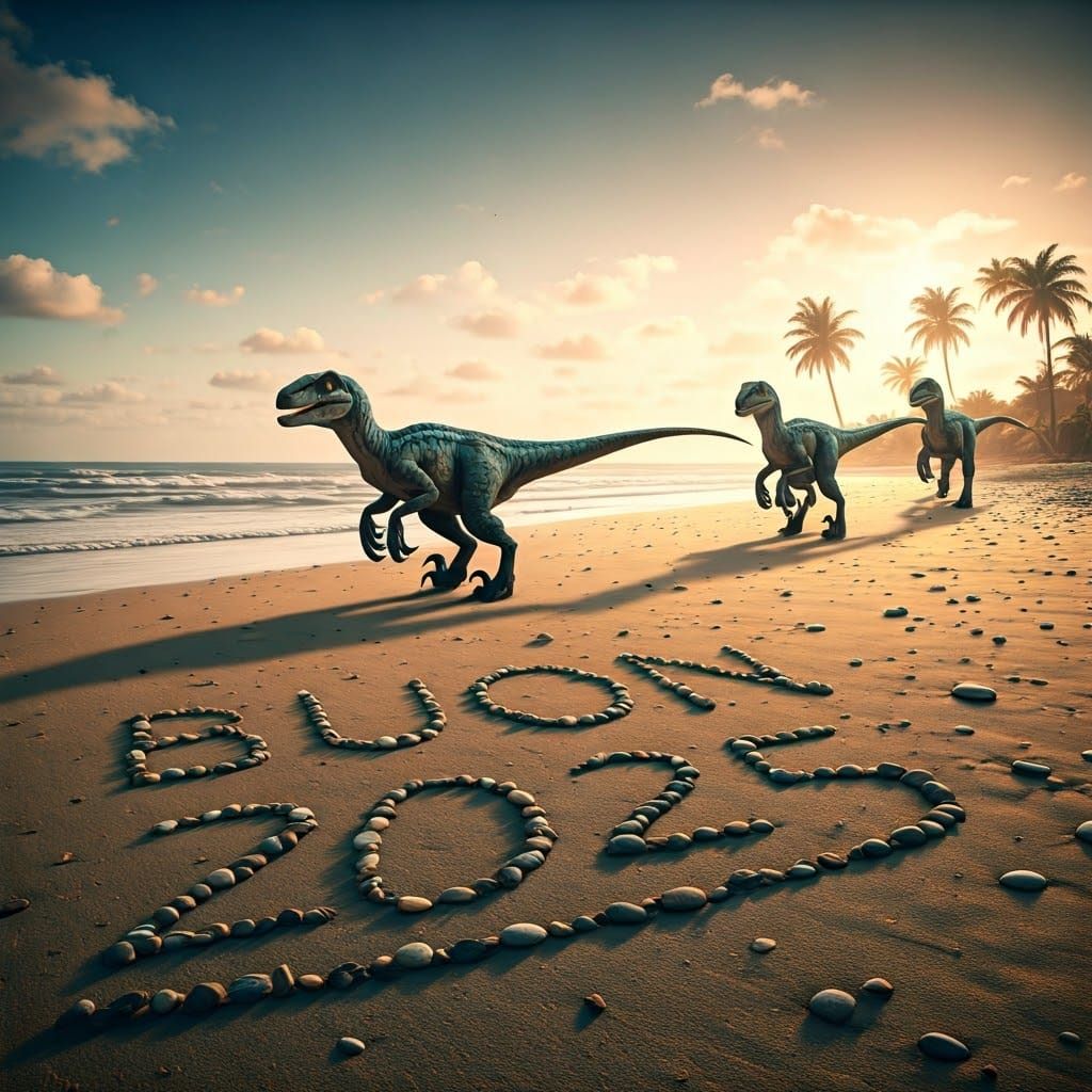 Serene Tropical Sunrise with Velociraptors and Pebble Art