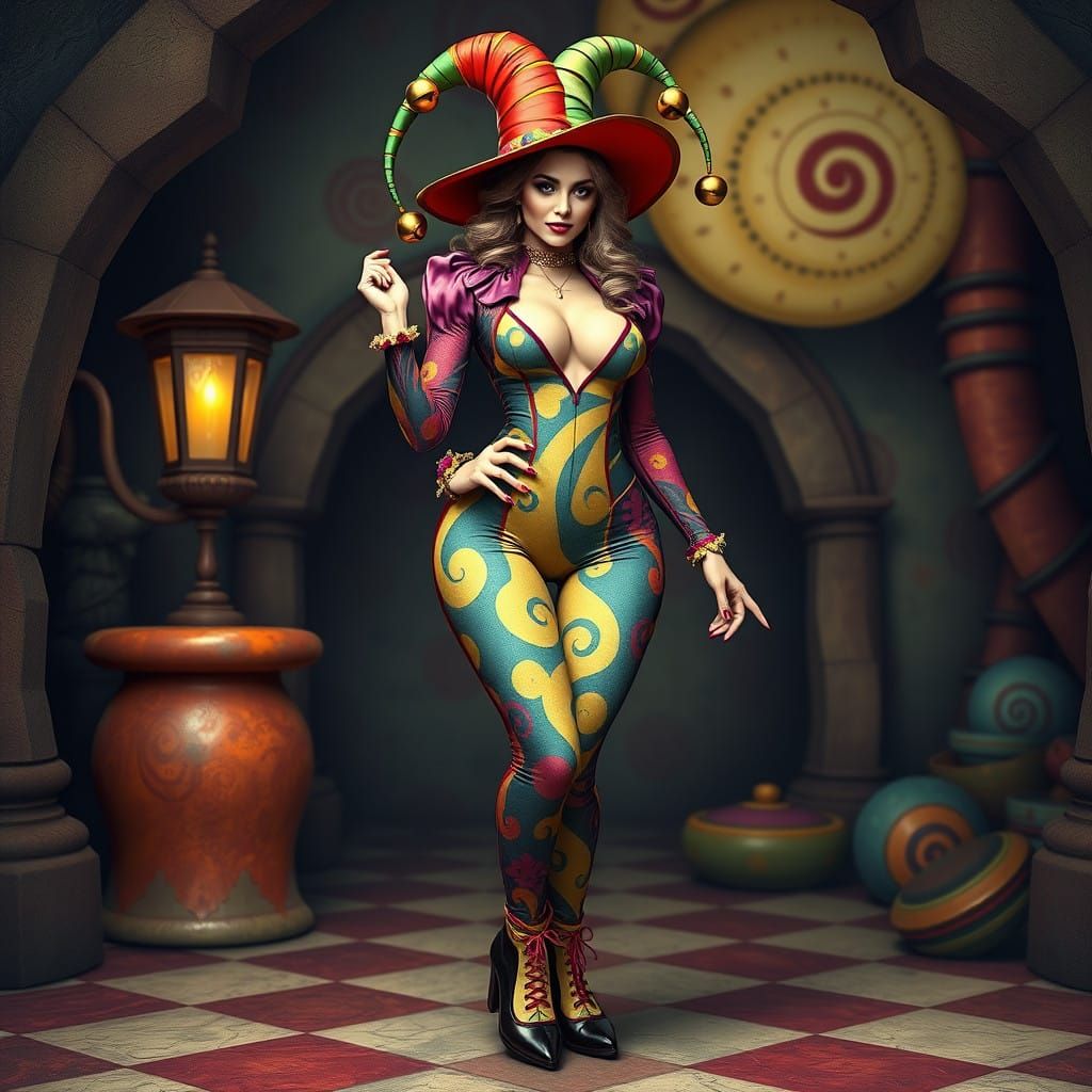 Whimsical Renaissance Jester in Multicolored Suit