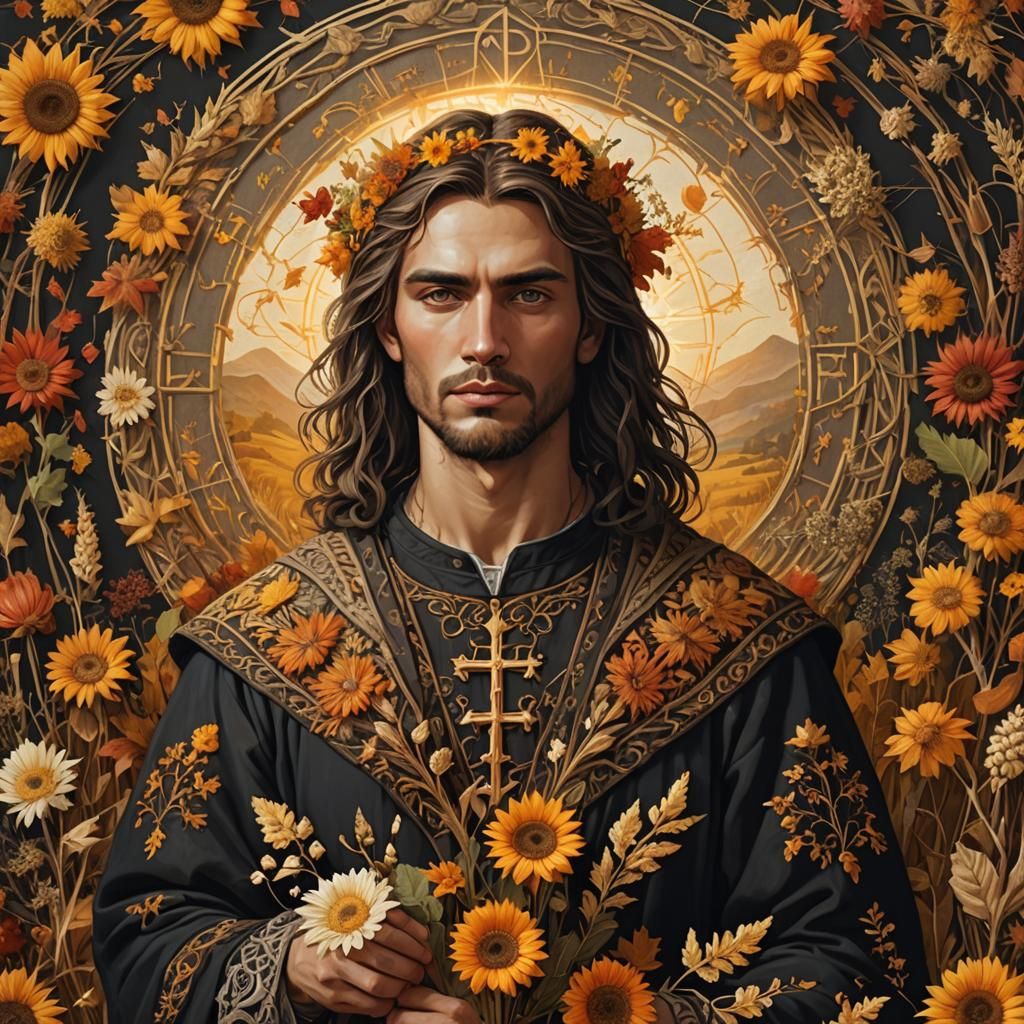 Dazhbog: Slavic God of Autumn in Surreal Botanical Art